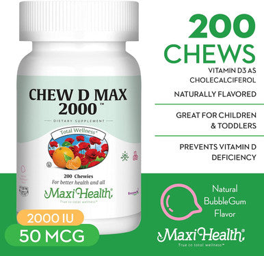 Maxi Health Chewable Vitamin D3 2000 IU Supplement - Delicious Natural Bubble Gum Flavor - Supports Calcium Absorption Immune and Bone Health in Adult Women Men Children & Toddlers - 200 Chews