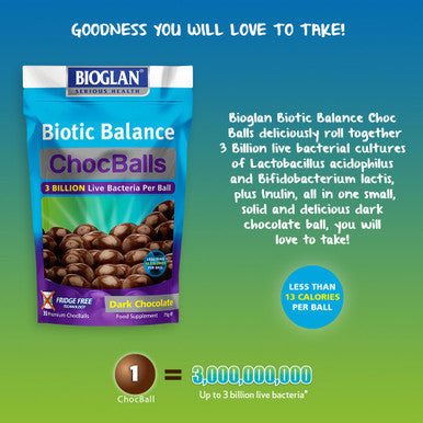 Bioglan Biotic Balance Dark Choc Balls, 3 Billion CFU Probiotic, live cultures wrapped in delicious dark chocolate, contains Lactobacillus Rosell, Bifodobacterium Rosell, & Inulin. 30 balls