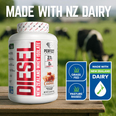PERFECT SPORTS Diesel 100% New Zealand Whey Protein Isolate Stevia Sweetened No Artificial Ingredients Keto 0g Carb 0g Fat 27g Protein 5 Pounds Salted Caramel