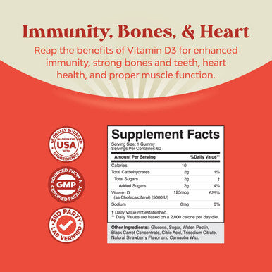 Vegan Vitamin D3 Gummies for Adults - Vitamin D3 5000 IU Natural Gummy Vitamins for Men and Womens Immunity Joint Support Plus Teeth - Gelatin Free Non GMO Delicious Mango Flavor