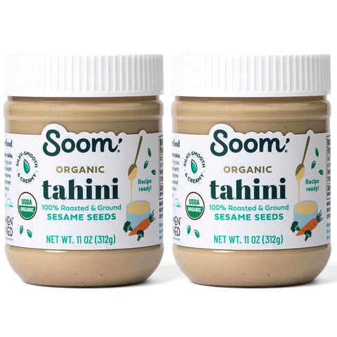 Soom Foods Organic Tahini 11oz (2 Pack) Roasted & Ground Sesame Seed Paste Creamy Tahini for Dubai Chocolate Hummus Sauces Vegan NutFree GlutenFree Kosher Keto Paleo Whole30