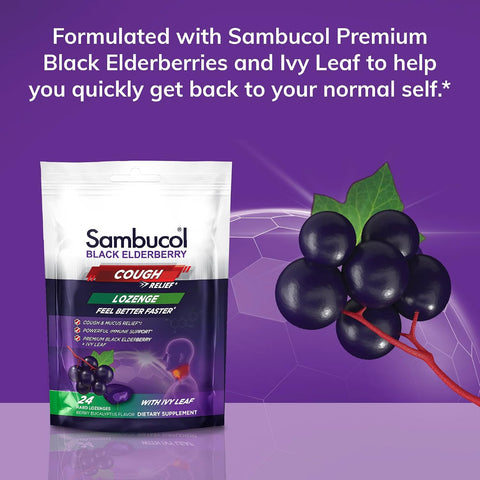 Sambucol Black Elderberry Cough Relief Lozenges - Cough Drops For Adults Sambucus Elderberry Lozenges With Ivy Leaf Cough & Mucus Relief Immune Support Berry Eucalyptus - 24 Count 3 Pack