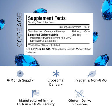 Codeage Selenium 200 mcg Supplement 6-Month Supply Immune Support Mineral Cofactor Selenomethionine Phospholipids Vegan Liposomal Delivery 180 Capsules