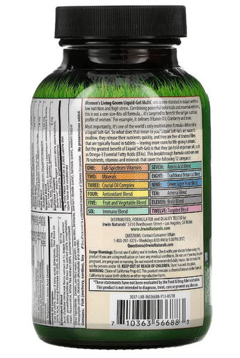 Irwin Naturals Women'S Living Green Liquid-Gel Multi Vitamin - 70 Essential Nutrients Vitamins Wholefood Blend - Targeted Adrenal & Brain Support - 90 Liquid Softgels