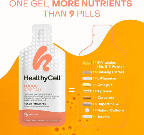 Healthycell Focus & Recall Daily Liquid Brain Supplement For Focus & Memory - Nootropics Supplement For Concentration & Alertness With L-Theanine Omega-3 & Taurine - 30 Gel Packs