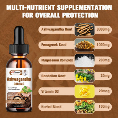 Alliwise 2 Pack Ashwagandha Supplement Liquid Drops 3000Mg With Vitamind3,Fenugreek Seeds,Magnesium For Men &Women. Ashwagandha Root Extract Supplement For Immune Support.