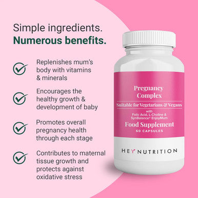 Hey Nutrition Pregnancy Complex Supplement - Suitable for Vegetarians & Vegans - Folic Acid L-Choline Iodine SynBalance EnjoyMum - Mum & Baby Support - UK Manufactured - Non-GMO - 60 Capsules