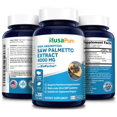 NusaPure Saw Palmetto Extract 4,000mg per Caps Vegetarian 200 Capsules (Non-GMO & ) with Bioperine.