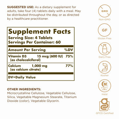 Solgar Calcium Citrate With Vitamin D3-240 Tablets - Non-Gmo Gluten Free Kosher Halal - 60 Servings