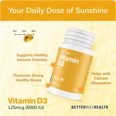 Better Way Health Vitamin D3-5,000 Iu Softgel - High Potency Formula, Supports Bone Health & Immune System - 120 Softgels Of Vitamin D3 - Non-Gmo, Dairy Free