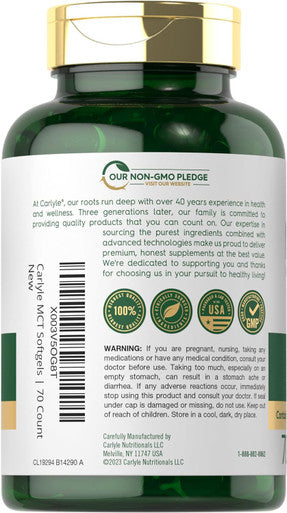 Carlyle MCT Oil Capsules 3600 mg | 70 Softgels | Keto Coconut Oil Pills | Non-GMO & Gluten Supplement