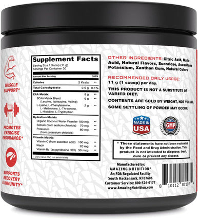Amazing Nutrition EAA Essential Amino Acids | 8 Grams EAA's Per Serving | 30 Servings | 330 Grams Powder Supplement | Made in USA (Natural Fruit Punch)