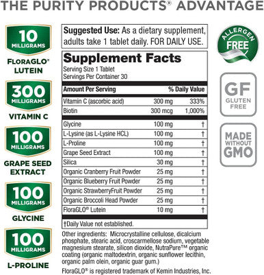 Purity Products Vegan Collagen Builder Organic Whole Foods Fruits Veg Silica Lutein Vitamin C Biotin Grape Seed Amino Acids Glycine Lysine Proline Collagen Boosters Once A Day 30 Tablets