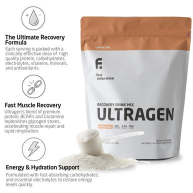 FIRST ENDURANCE Ultragen Workout Recovery Drink Powder Protein Mix Boosts Energy Accelerates Recovery | Cappuccino 15 Servings