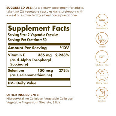 Solgar Dry Vitamin E With Yeast Free Selenium 100 Vegetable Capsules