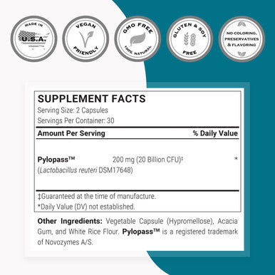 Supersmart H. Pylori Fight Natural Treatment 20 Billion CFU Per Day Lactobacillus Reuteri Probiotic Acid Reflux Relief NonGMO Gluten Free Made in USA 60 Vegetarian Capsules
