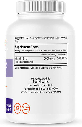 BESTVITE Vitamin B12 (Methylcobalamin) 5000mcg (240 Vegetarian Capsules) (Methyl B12) - No Stearates - Vegan - Non GMO - Gluten Free