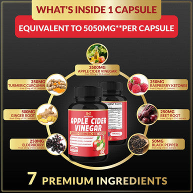 Apple Cider Vinegar Capsules 5050mg Herbal Equivalent with Ginger Turmeric Supports Digestion Detox Immune 2 Months Supply