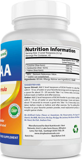 Best Naturals BCAA Powder 8 OZ Branch Chain Amino Acids Pharmaceutical Grade