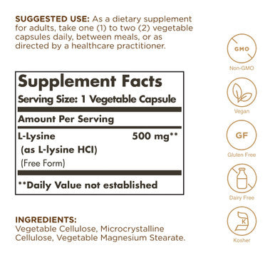 Solgar L-Lysine 500 Mg - 100 Vegetable Capsules - Skin & Tissue Support - Non-Gmo Vegan Kosher Gluten Free - 100 Servings