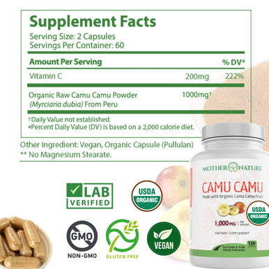 Mother Nature Organics Superfoods For Organic Living Organic Vitamin C From Camu Camu Capsules 1000Mg Packed With Natural Vit C Raw Antioxidants - Immune Support Supplement & Anti-Aging For Skin - Powder Organic Vegan Non-Gmo (120 Count)