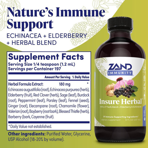 Zand Herbals Insure Herbal Liquid Blend - 17 Wellness Ingredients - W/Ecea Elderberry Ginger Sage Peppermint And More - Gluten Vegan Non-Gmo 60-Day 197 Servings 8 Fl Oz