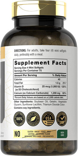 Calcium With D3 | 1200Mg | 300 Mini Softgels | Non-Gmo And Gluten Free Supplement | By Carlyle