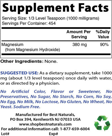 Best Naturals Magnesium Hydroxide Powder - 380mg of Elemental Magnesium per Serving - 454 Servings per Cotainer - 1 Pound