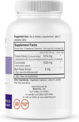 Bestvite Curcumin 510mg (Turmeric)(120 Vegetarian Capsules) with Curcumin C3 Complex & Bioperine - Standardized to 95% Curcuminoids - No Stearates - Vegan - Non GMO - Gluten