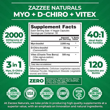 Zazzee Myo-Inositol + D-Chiro + Vitex, 120 Vegan Capsules, Optimal 40:1 Inositol Ratio, With 500 Mg Vitex, 100% Vegetarian, All-N