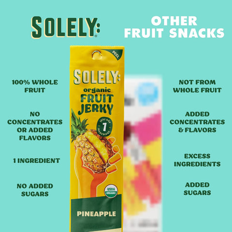 SOLELY - Organic Pineapple Fruit Jerky - 1 Individually Wrapped Strip - Fruit Leather Made from Dried Fruit - Healthy Snacks for Adults & Kids - Non GMO, Vegan Snacks - 0.8oz (23g)