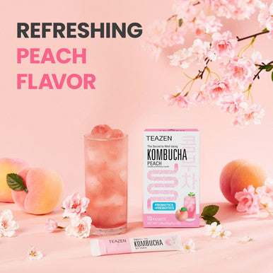 Teazen Peach Kombucha Tea Hydration Drink Mix Sugar Live Probiotics & Prebiotics 10 Sticks 1.76oz
