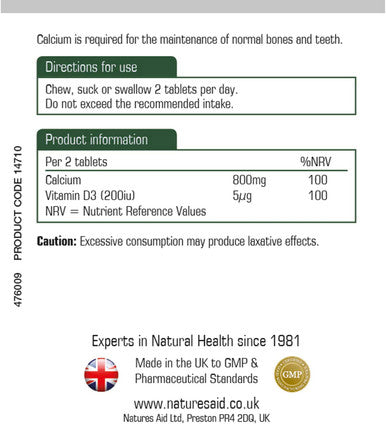 Natures Aid Chewable Calcium 400 mg with Vitamin D3 60 Tablets (for the Maintenance of Normal Bones and Teeth Vegan Society Approved Made in the UK)