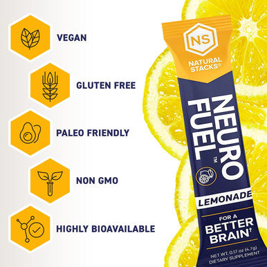 Natural Stacks NeuroFuel Lemonade Energy Powder Drink Nootropic Supplement Patented Formula Brain Booster Supplement for Focus Memory Clarity Energy 4.7g Drink Powder Sticks Pack of 20