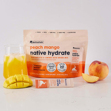 NativePath Native Hydrate Stick Packs Sugar Free Electrolytes Powder with BCAAs Peach Mango Hydration Keto & Paleo Friendly 30 Servings