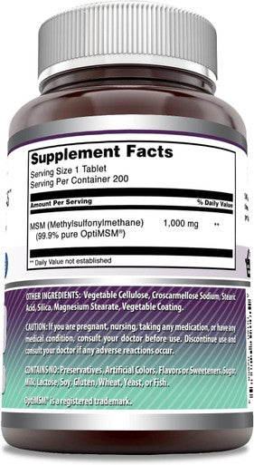 Amazing Nutrition Formulas OptiMSM 1000 Mg 200 Tablets Supplement | Non-GMO | Gluten | Made in USA