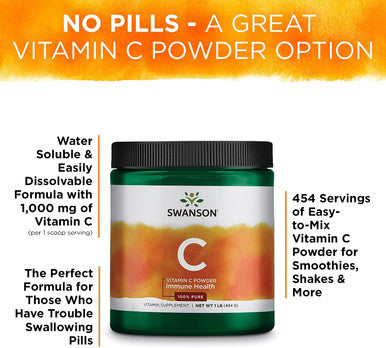 Swanson Vitamin C Powder 100% Pure Ascorbic Acid Immune System Support Skin Health Cardiovascular Health Antioxidant Supplement 1000 mg (per Serving) 1 lb. 454 g (3 Pack)