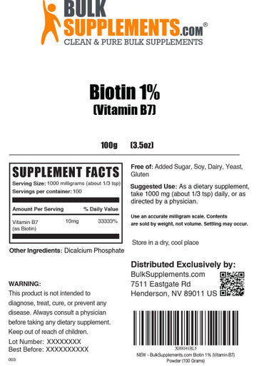 Bulksupplements.Com Biotin 10000Mcg Powder - Biotin Powder, Biotin Supplement, Biotin Vitamins For Hair Skin And Nails - Gluten Free, 1000Mg Per Serving (10Mg Biotin), 100G (3.5 Oz)