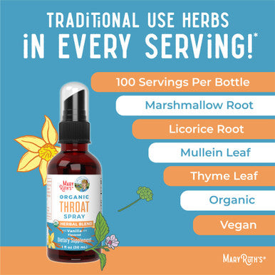 Maryruth's Usda Organic Throat Spray With Mullein Leaf 100 Servings 1 Fl Oz