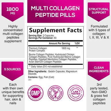 Nature'S Nutrition Collagen Peptides for Women & Men Type I II III V X Hydrolyzed Collagen Pills Grass Fed Non-GMO Multi Collagen Peptides Supplements Hair Skin Nail Bones Joint Health Support - 180 Capsules