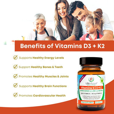 Life Infused Vitamin D3 + K2 Supercharged With Zinc And Enzymes, Help Maintain Healthy Immune System, Bone Health, Emotional Wellbeing, 90 Capsules.