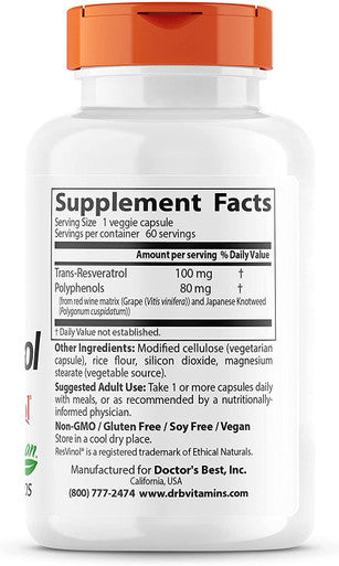 Best Trans Resveratrol 100 Featuring Resvinol-25 60 Veggie Caps By Doctors Best