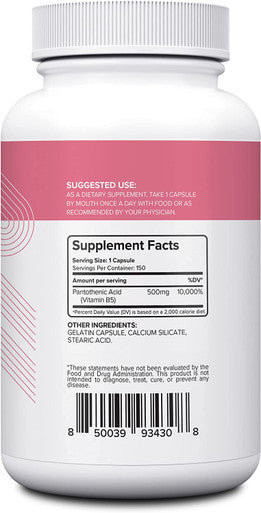 Nui Nutra Pantothenic Acid (Vitamin B5) Supplement | 500mg | 150 Capsules | Supports Energy & Focus | Supports Digestive System | Promotes Healthy Skin