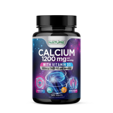 Built Nature Calcium 1200Mg With Vitamin D3 For Best Absorption - Advanced Bone Support Supplement, 1200 Mg Calcium Carbonate & 1600 Iu Vitamin D3, Slow Release For Immune Support, Easy To Swallow, 120 Tablets