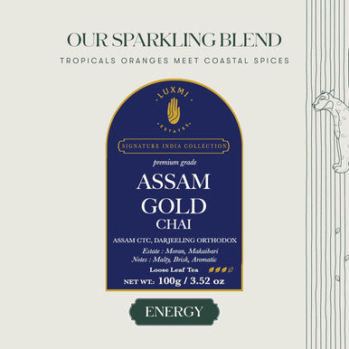 Luxmi Estates Assam Gold Chai | 100 gm | Signature India Collection | CTC Tea | Black tea collection | Organic Strong tea | Antioxidants | Assam Valley tea | Cardamom Saffron Cinnamon Natural Cardamom Extract