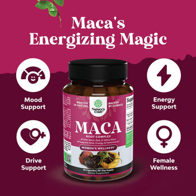 Natures Craft Organic Maca Root Capsules for Women - Potent Herbal Supplement with Female Enhancing Blend of Red Yellow & Black Maca Root - Non-GMO Vegan and Gluten- with No Artificial Colors - 60ct