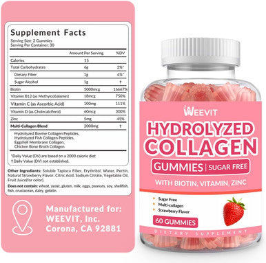 Sugar-Collagen Gummies For Women, Hydrolyzed Collagen Peptides Gummies With Biotin, Collagen Supplements Gummy With Vitamin B12, C, D, Zinc For Hair Skin Nail