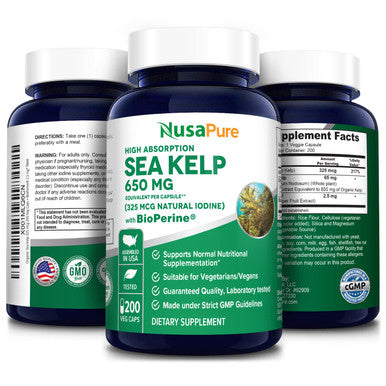 NusaPure Sea Kelp Iodine 325 Mcg Per Capsule with Bioperine. 200 Veggie Capsules (Non-GMO & , Made with Organic kelp)