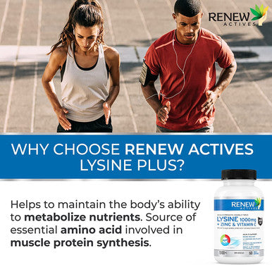 Renew Actives Maximum Strength L-Lysine 1000Mg Capsules W. Zinc & Vitamin C (Rare) - Collagen For Hair, Skin & Nails - Easy To Swallow & Vegan - Made In Canada