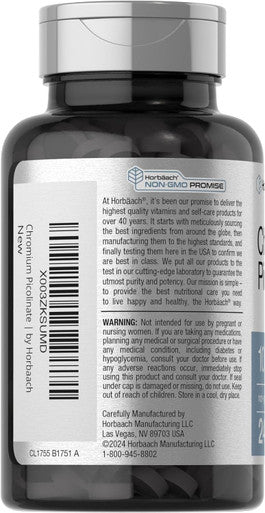 Horbaach Chromium Picolinate 1000Mcg 240 Tablets Vegetarian Formula Non-Gmo, Gluten Supplement